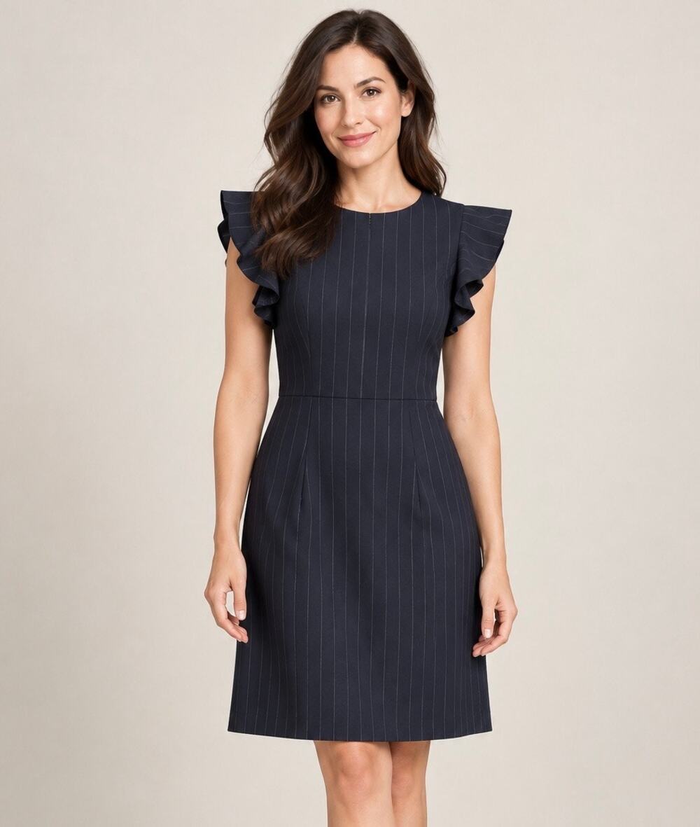 NWT LOFT Outlet Navy Pinstripe Ruffle Sleeve Work Dress Size 8